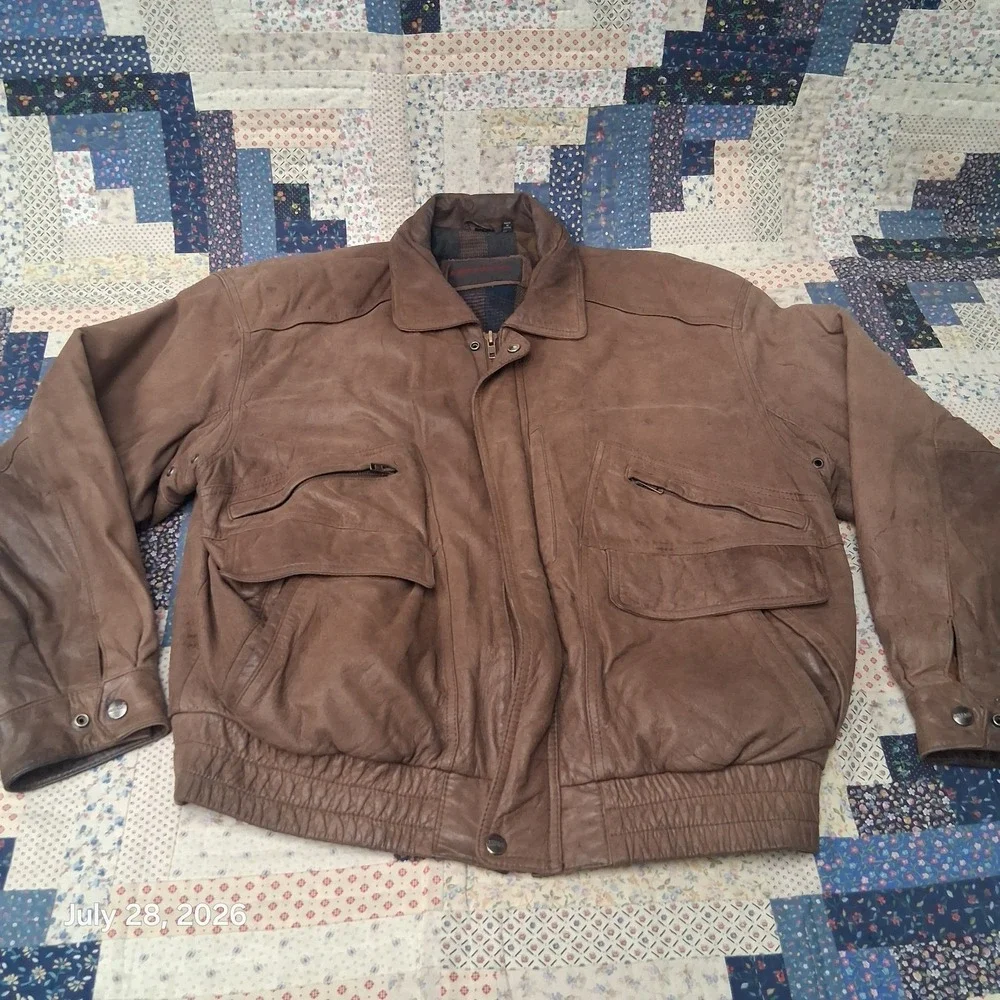 Vintage Mirage Leather Bomber Jacket Mens Large Brown Flannel Lined Multi pocket